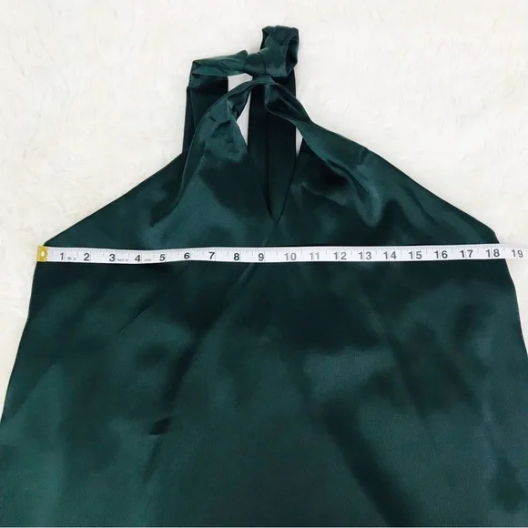 GIANNI BINI Green Satin Halter Mini Dress Backless Mod‎ 60s Minimalist Large New - Picture 10 of 11